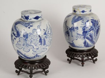  China, 18th-early 19th century Two blue-white porcelain covered ginger pots decorated...