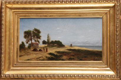 null Armand QUEYROY (1830-1893) « Paysans en bord de mer » Huile sur toile signée...
