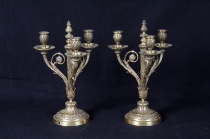  Pair of Louis XVI style candelabras, with three arms of light, in sculpted bronze,...