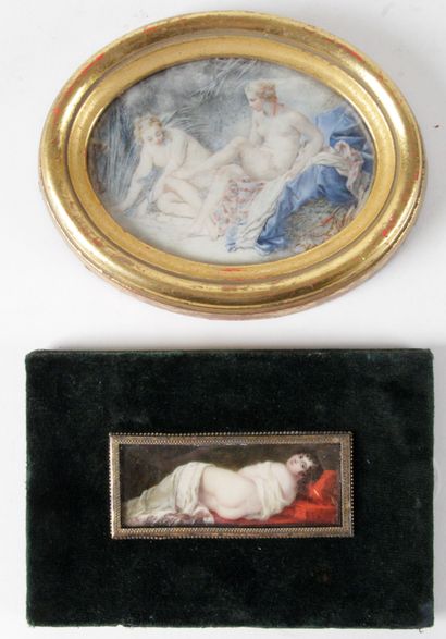 null MINIATURES: - depicting a young woman lying on a sofa, gilt brass hooping, black...