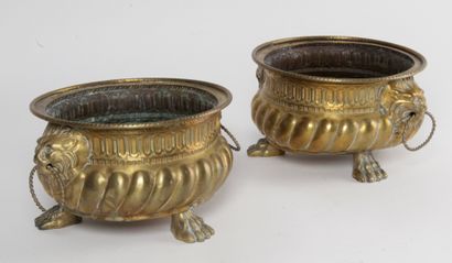 null PAIR OF HIDDEN POTS in embossed copper with lion's head and gadroon decorations...