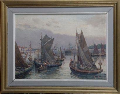 null Georges ANDRIQUE (1874-1964) "Trawlers in the harbor basin" Oil on isorel signed...