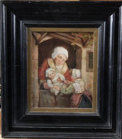  ECOLE DU XIXème siècle « La maternité » Huile sur toile 21,5 X 16 cm Cadre en bois...
