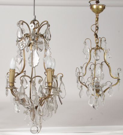 Two small brass cage chandeliers and pendants...