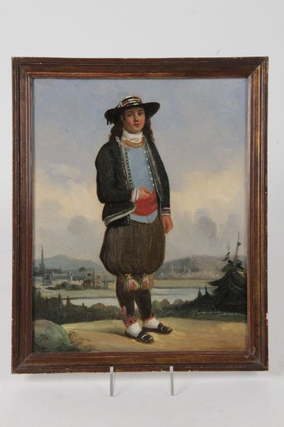 null ÉCOLE FRANÇAISE XIXe SIÈCLE : homme en costume traditionnel, huile sur panneau....