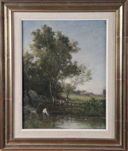  Auguste LIARD, école Française du XIX siècle. « Paysage à la mare » Huile sur panneau,...