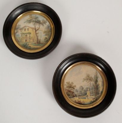 null PAIR OF SMALL AQUARELLES, of round form representing " A villa and its park...