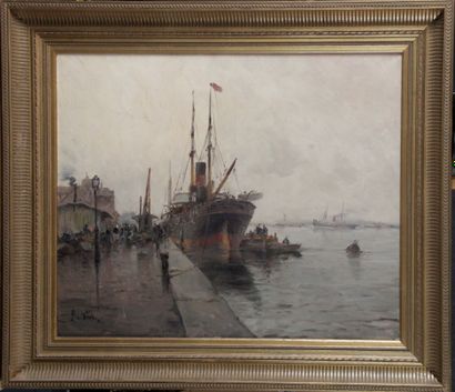 null BURDIN FRENCH SCHOOL OF THE XIXth CENTURY " Boat at the quay " Oil on canvas...