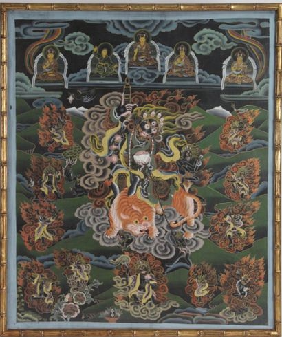  Tibet, XXe siècle Thangka en polychromie sur toile représentant Yamantaka assis...