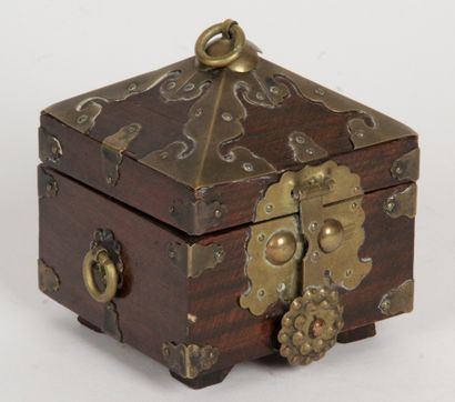  Korea, early-mid 20th century Small square wooden box with a pyramidal lid, enhanced...