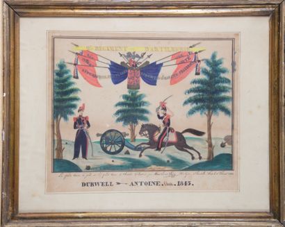 null Brevet de régiment 2ème régiment d’artillerie DURWELL Antoine, Classe 1845 Aquarelle...