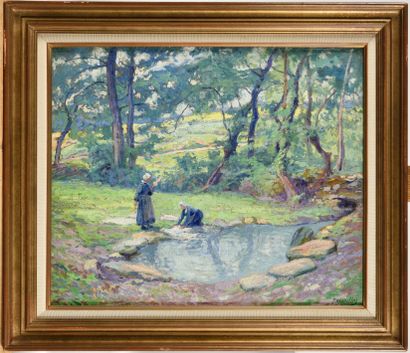 null PAUL MADELINE (1863-1920) Les lavandières en Bretagne Oil on canvas Signed lower...