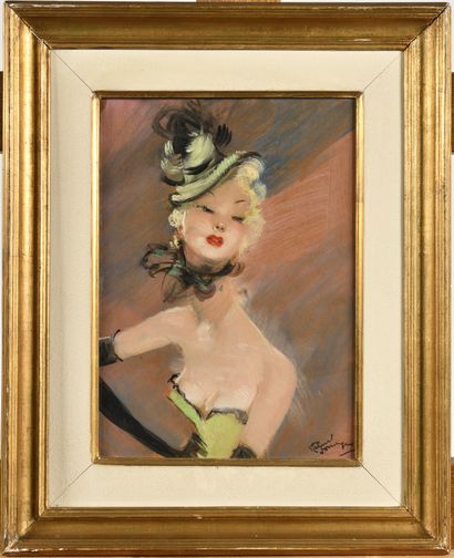 null JEAN-GABRIEL DOMERGUE (1889-1962) Elégante en robe et bibi vert Huile sur isorel...