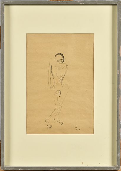 null REINHOLD ROSSIG (Allemagne / 1903-1979) Femme nue debout Encre sur papier chamois...