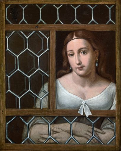 null German school around 1820 Young woman at her window Original canvas Height :...