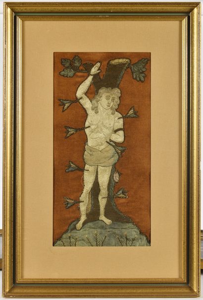 null PAIR OF SILK EMBROIDERS, silk and silver threads representing Saint Sebastian...