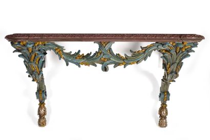 null CONSOLE D’APPLIQUE ET SON TRUMEAU en bois sculpté et laqué polychrome à décor...