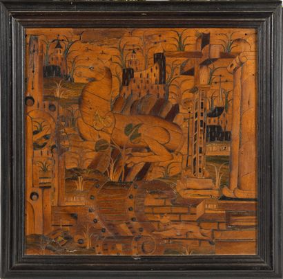 null CABINET DOOR PANEL in marquetry of indigenous wood partly stained with a doe...