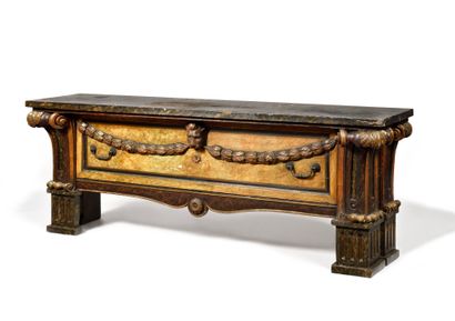 null IMPORTANT BANK COFFRE OR "CASSAPANCA" in carved and molded wood, lacquered polychrome...
