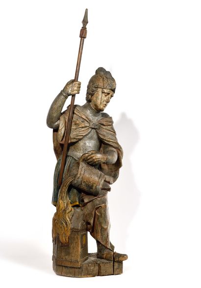 null IMPORTANTE SCULPTURE représentant Saint Floran de Lorch en bois polychrome ....