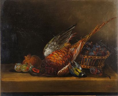 GUILLEMET (XIX) Faisans et oiseau Huile sur...
