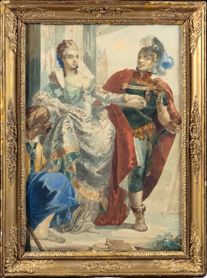 null Eugène DEVÉRIA (1808-1865) Soldat romain et jeune noble Aquarelle Signé en bas...