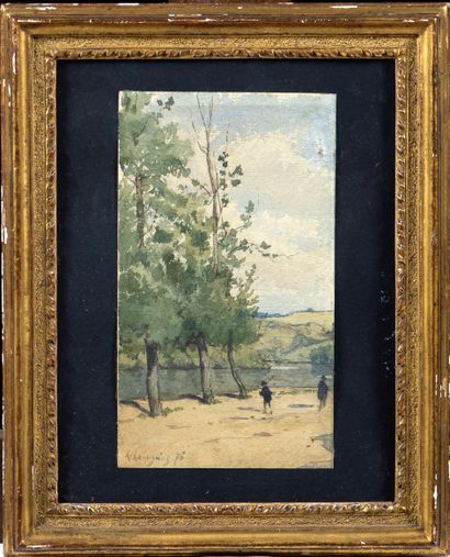 null Henri Joseph HARPIGNIES (1819-1916) Promeneurs au bord de l'eau Aquarelle Signé...