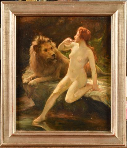 null Emile TABARY (1857-1927) Femme nue avec un lion Huile sur toile Signé en bas...