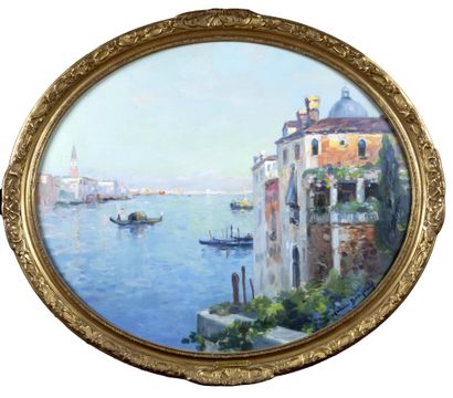 null Maurice BOMPARD (1857-1936) Terrasses fleuries à Venise Huile sur toile Signé...