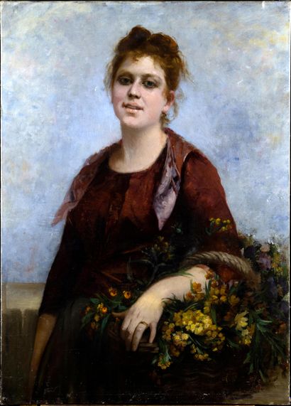 null Charles LANDELLE (1821-1908) Portrait de femme au panier de fleurs Huile sur...