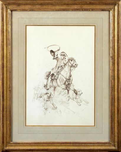 null Charles Edouard DELORT (1841-1895) Cavalier à la chasse Dessin à l'encre 38...