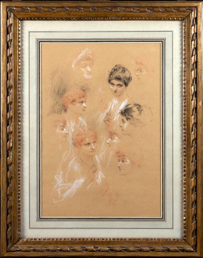 Henri-Paul ROYER (1869-1938) Etudes de visages féminins Dessin au crayon, fusain,...