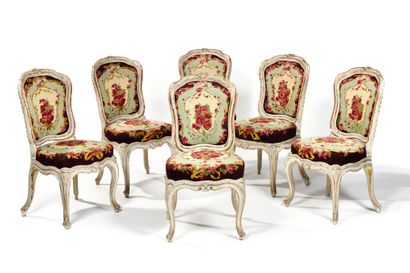 SET OF SIX SEATED CHAIRS with molded, carved,...