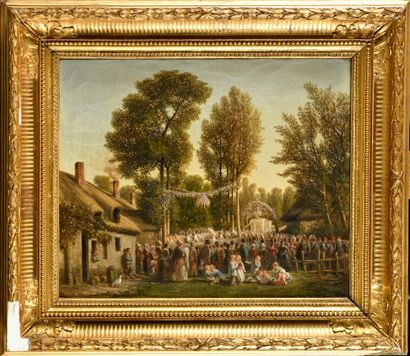 null FRENCH SCHOOL OF THE XIXTH CENTURY The religious procession in the village Oil...