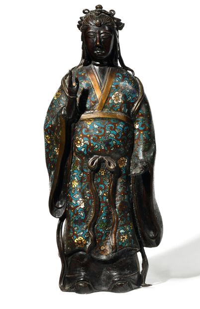 null JAPON, VERS 1920-1940 Sujet en bronze et émaux champlevés polychromes représentant...