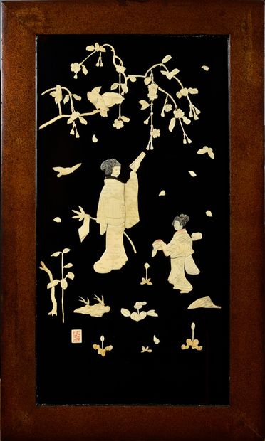 null JAPAN, c. 1930-1940 Pair of black lacquer panels, with bone inlay decoration...