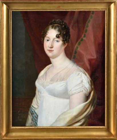 null ECOLE FRANCAISE VERS 1810, ENTOURAGE DU BARON GERARD Portrait de dame à la robe...