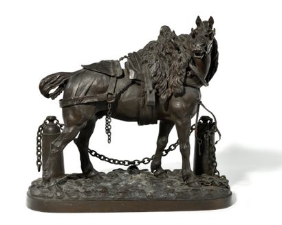 null JULES MOIGNIEZ (1835-1894) Le cheval d’hallage Sculpture en bronze signé sur...