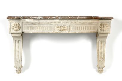 null Carved and grey lacquered wood wall console with overhanging consoles decorated...