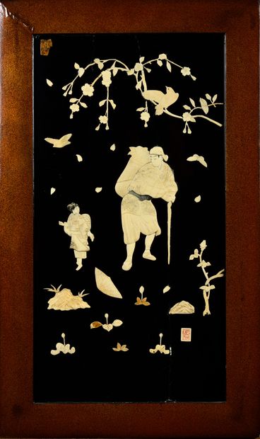null JAPAN, c. 1930-1940 Pair of black lacquer panels, with bone inlay decoration...