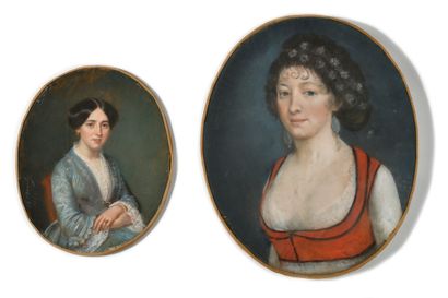 null ÉCOLE FRANÇAISE DU DEBUT DU XIXEME SIECLE Portraits de femmes Deux pastels ovales...