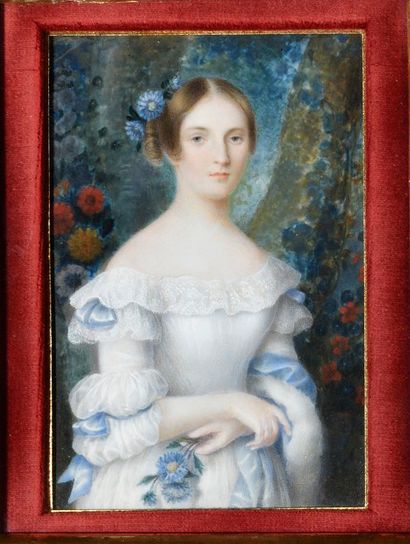null 
Portrait of a young girl with flowers Large miniature dated 1838 lower right....