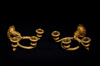 null PAIRE D’APPLIQUES en bronze doré à décor de têtes d’aigles tenant un serpent...