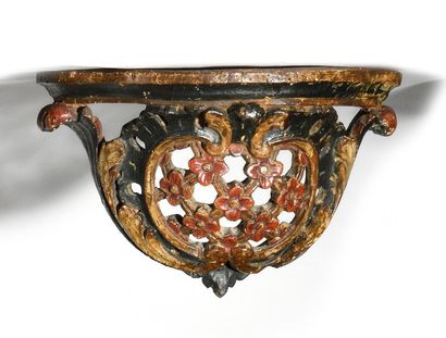 null SMALL MOVING CONSOLE in openwork and polychrome wood decorated with flowers,...