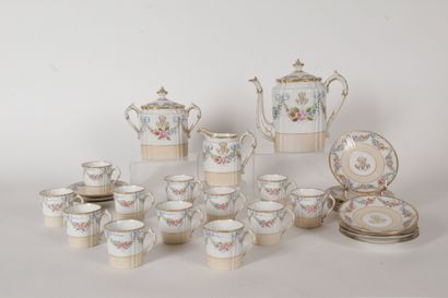 null COFFEE SERVICE IN LIMOGES PORCELAIN decorated with garlands of flowers in ribbons...