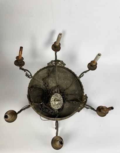 null Antique style chandelier in gilt and patinated bronze with six moving arms of...