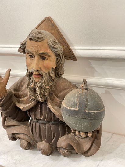 null GOD THE FATHER in carved and polychromed wood. He holds the globe with his left...