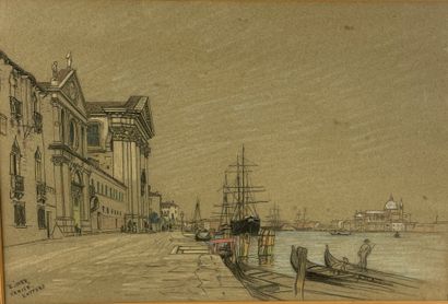 null Édouard Auguste IMER (1820-1881) View of Zattere in Venice Mixed media 31 x...