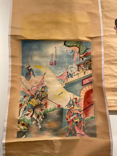 null CHINA Four scrolls on paper with painted scenes. Early 20th century (Some tears...