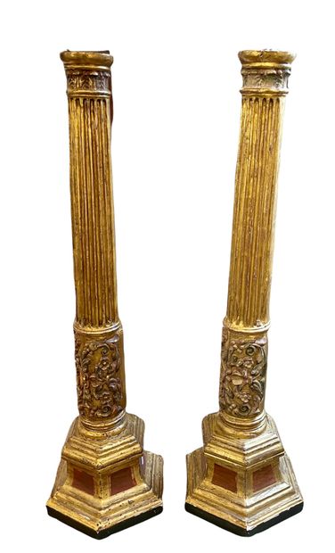 Pair of fluted columns in gilded and polychromed...